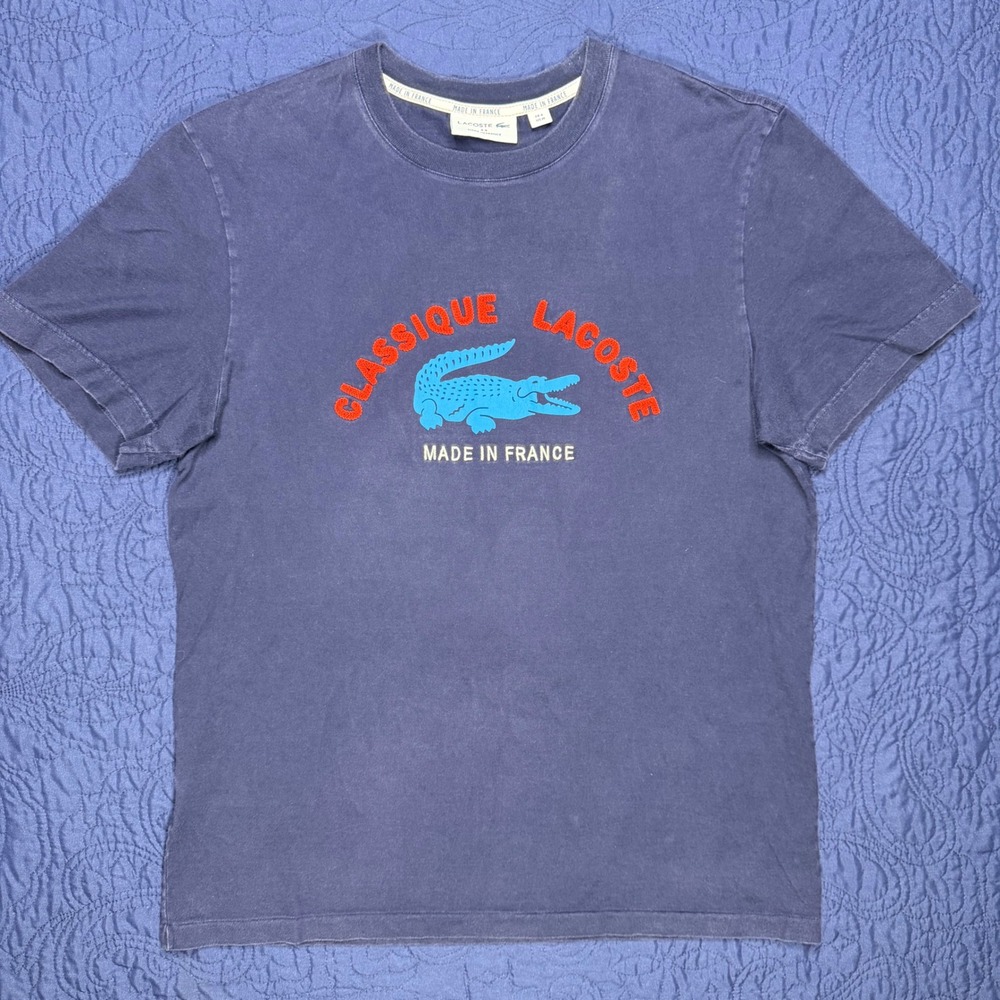 Lacoste Classique Made in France Faded T-Shirt Navy Blue Graphic Logo Mens M